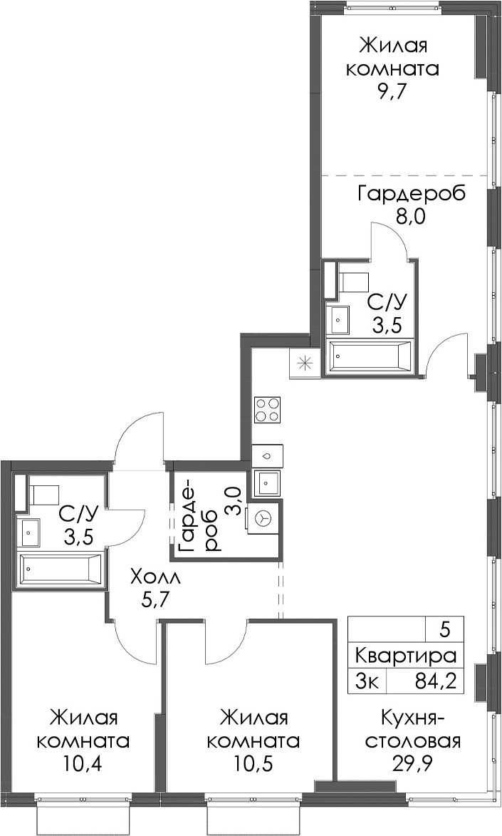 Планировка евро-4 (4Е) 84.2 м² в ЖК «Таллинский парк», корпус 5.2