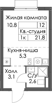 Планировка Студии 21.8 м² в ЖК «Таллинский парк», корпус 5.2