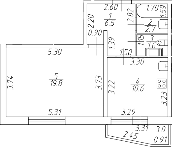 Планировка однокомнатная 42.1 м² в ЖК «Тандем», корпус 1