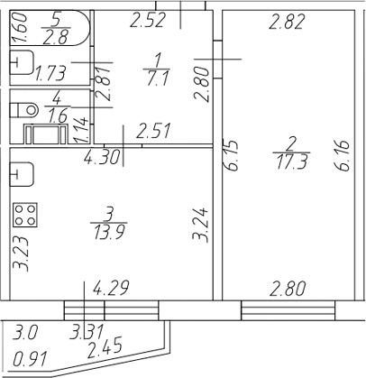 Планировка однокомнатная 43.6 м² в ЖК «Тандем», корпус 1