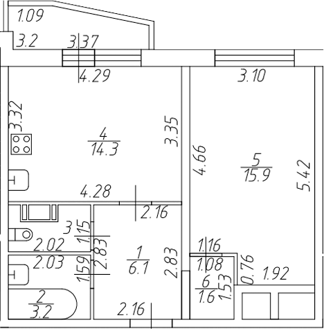 Планировка однокомнатная 43.96 м² в ЖК «Тандем», корпус 1