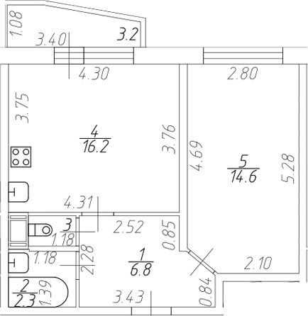 Планировка евродвушка (2Е) 41.84 м² в ЖК «Тандем», корпус 2
