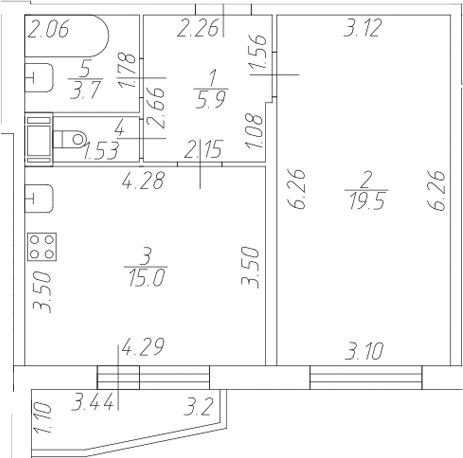 Планировка евродвушка (2Е) 46.36 м² в ЖК «Тандем», корпус 2