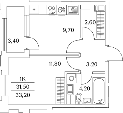 Планировка однокомнатная 33.2 м² в ЖК «Тайм Сквер», корпус К8
