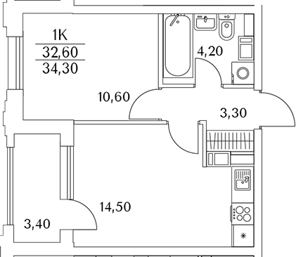 Планировка однокомнатная 34.2 м² в ЖК «Тайм Сквер», корпус К10