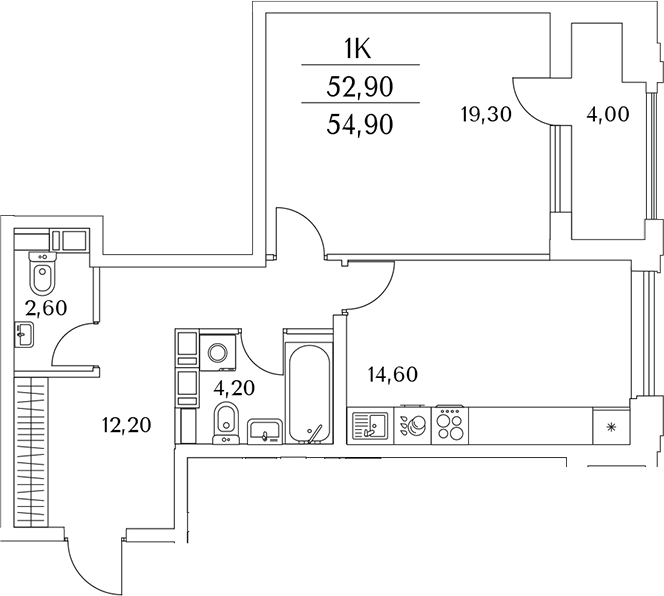 Планировка однокомнатная 55.2 м² в ЖК «Тайм Сквер», корпус К9