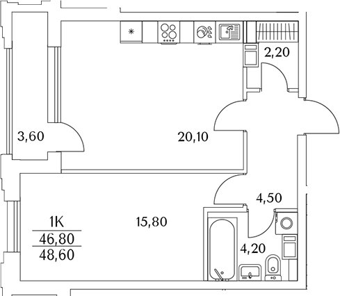 Планировка евродвушка (2Е) 48.7 м² в ЖК «Тайм Сквер», корпус К10