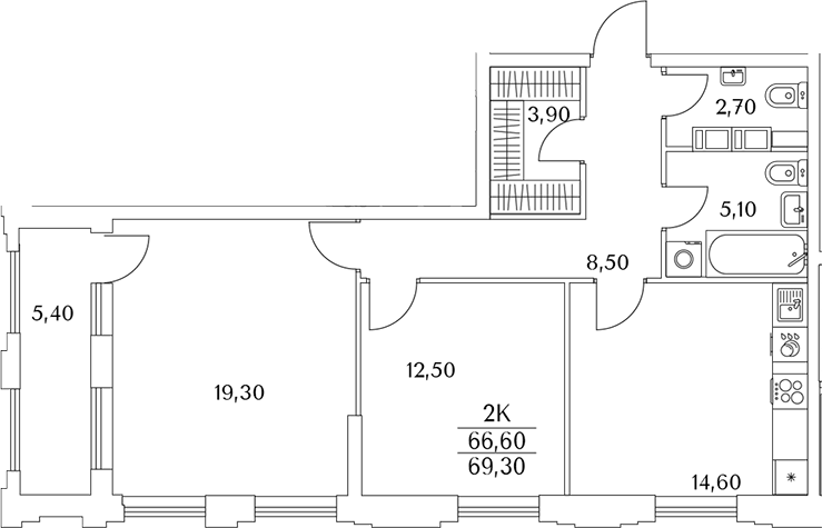 Планировка двухкомнатная 69.4 м² в ЖК «Тайм Сквер», корпус К10