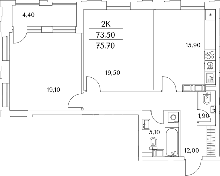 Планировка евротрёшка (3Е) 75.6 м² в ЖК «Тайм Сквер», корпус К9