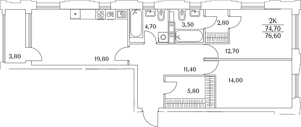 Планировка евротрёшка (3Е) 76.7 м² в ЖК «Тайм Сквер», корпус К10