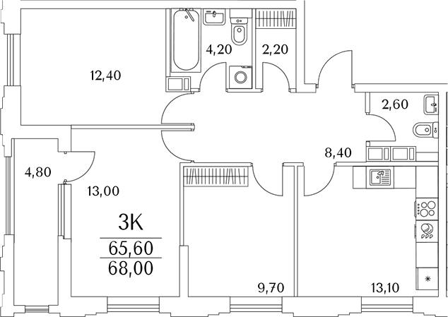 Планировка трёхкомнатная 68.6 м² в ЖК «Тайм Сквер», корпус К7