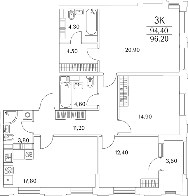 Планировка евро-4 (4Е) 96.6 м² в ЖК «Тайм Сквер», корпус К7