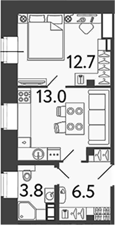 Планировка однокомнатная 36 м² в ЖК «Типография», корпус 3