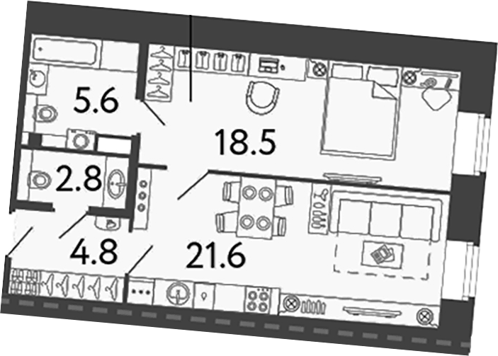 Планировка евродвушка (2Е) 53.3 м² в ЖК «Типография», корпус 3