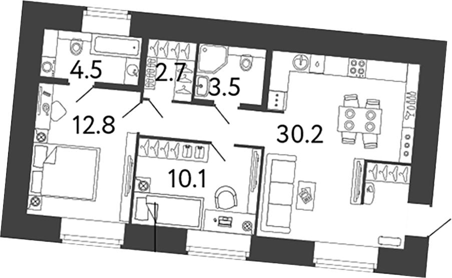 Планировка евротрёшка (3Е) 63.8 м² в ЖК «Типография», корпус 3