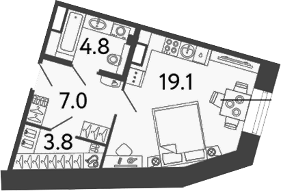 Планировка Студии 34.7 м² в ЖК «Типография», корпус 4