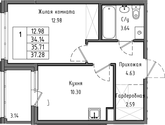 Планировка однокомнатная 35.71 м² в ЖК «Тишин», корпус 3.6-3