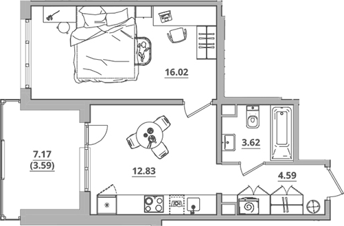 Планировка однокомнатная 40.65 м² в ЖК «Тишин», корпус 3.2-2