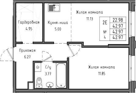 Планировка евродвушка (2Е) 42.97 м² в ЖК «Тишин», корпус 3.6-4