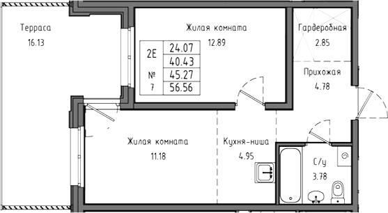 Планировка евродвушка (2Е) 45.27 м² в ЖК «Тишин», корпус 3.6-4