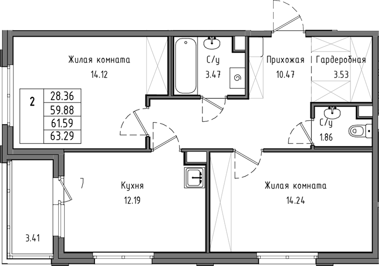 Планировка двухкомнатная 61.59 м² в ЖК «Тишин», корпус 3.6-3