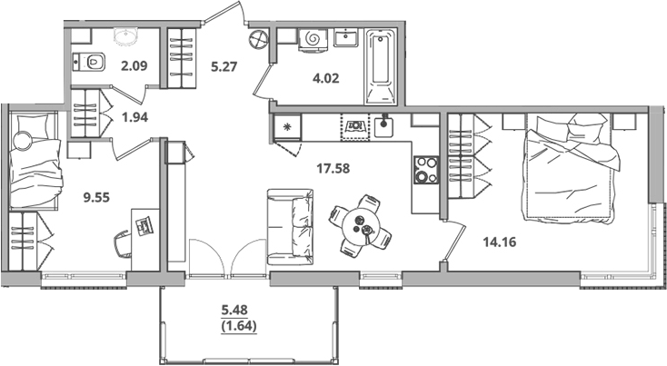 Планировка евротрёшка (3Е) 56.25 м² в ЖК «Тишин», корпус 3.2-3