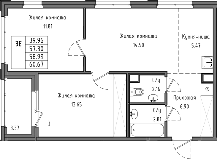 Планировка евротрёшка (3Е) 58.99 м² в ЖК «Тишин», корпус 3.6-3