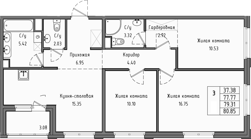 Планировка евро-4 (4Е) 79.31 м² в ЖК «Тишин», корпус 3.6-3