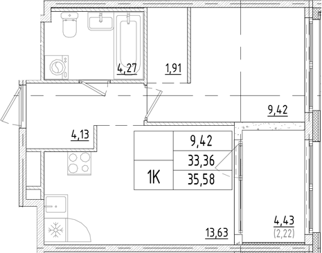 Планировка однокомнатная 35.58 м² в ЖК «Траектория Софийская», корпус 1