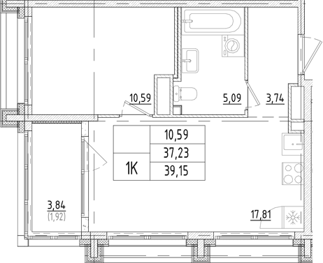 Планировка однокомнатная 39.15 м² в ЖК «Траектория Софийская», корпус 1