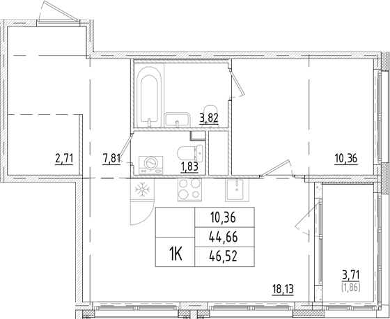 Планировка однокомнатная 46.52 м² в ЖК «Траектория Софийская», корпус 1