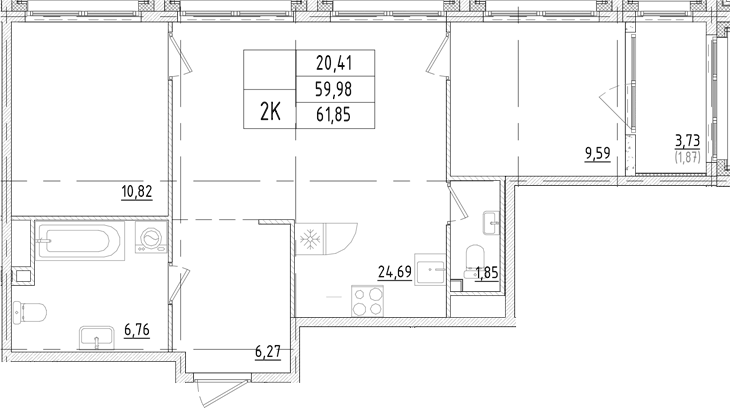 Планировка двухкомнатная 61.85 м² в ЖК «Траектория Софийская», корпус 1