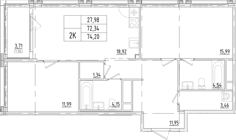 Планировка двухкомнатная 74.2 м² в ЖК «Траектория Софийская», корпус 1