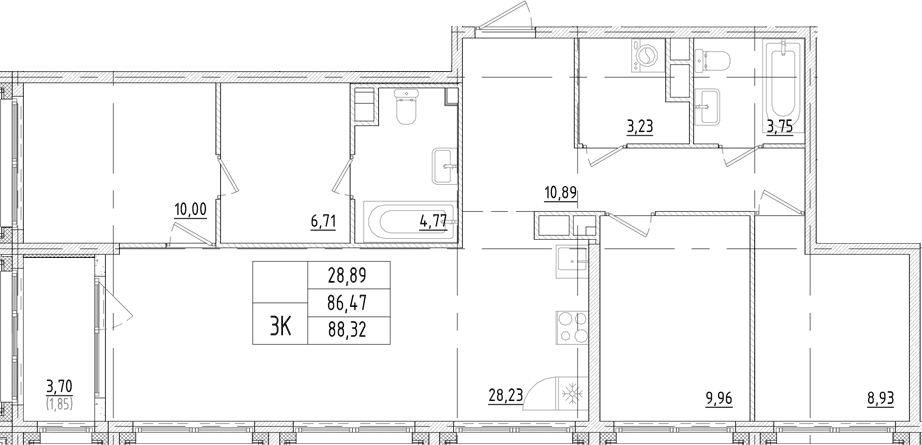 Планировка трёхкомнатная 88.32 м² в ЖК «Траектория Софийская», корпус 1
