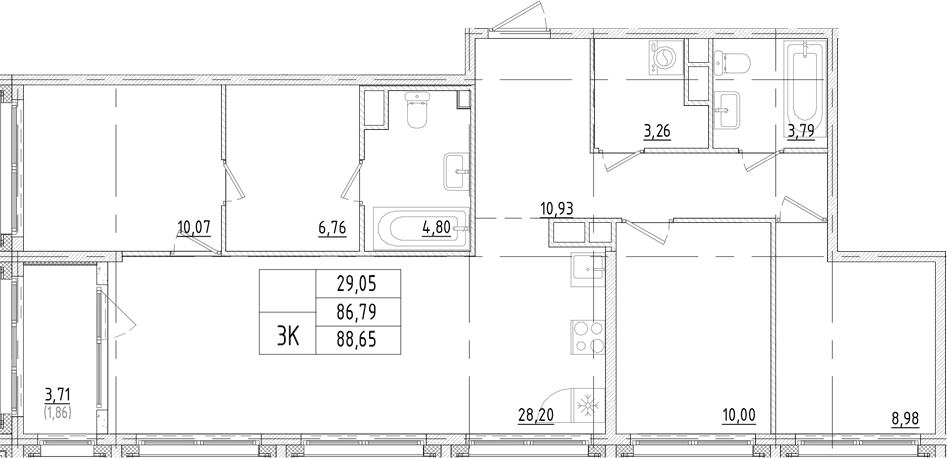Планировка трёхкомнатная 88.65 м² в ЖК «Траектория Софийская», корпус 1