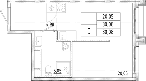 Планировка Студии 30.08 м² в ЖК «Траектория Софийская», корпус 1