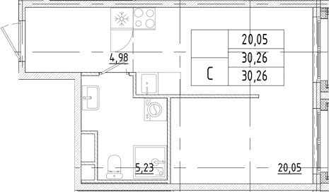 Планировка Студии 30.26 м² в ЖК «Траектория Софийская», корпус 1