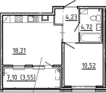 Планировка евродвушка (2Е) 41.23 м² в ЖК «Новгородская 8», корпус 1