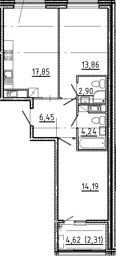 Планировка евротрёшка (3Е) 61.8 м² в ЖК «Новгородская 8», корпус 1