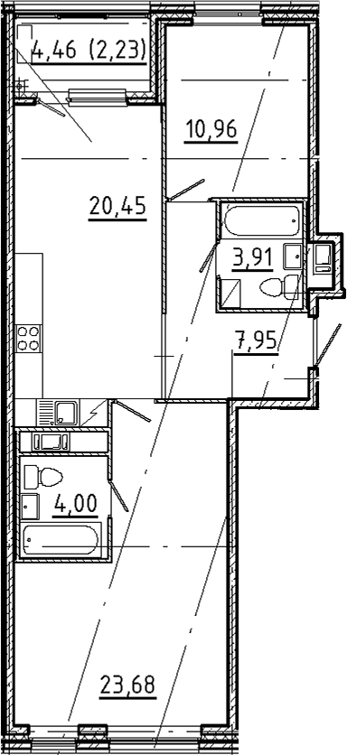 Планировка евротрёшка (3Е) 73.18 м² в ЖК «Новгородская 8», корпус 1