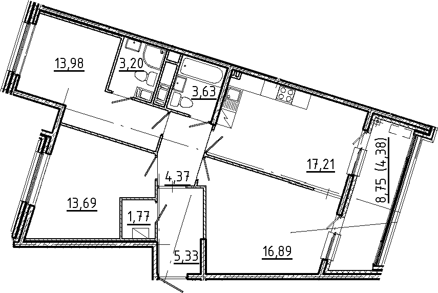Планировка трёхкомнатная 84.45 м² в ЖК «Новгородская 8», корпус 1