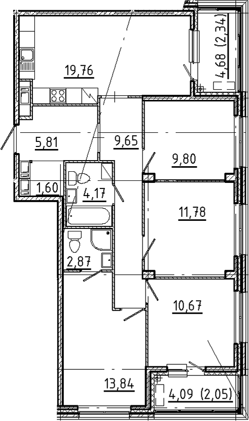 Планировка 5Е-к.кв 94.34 м² в ЖК «Новгородская 8», корпус 1
