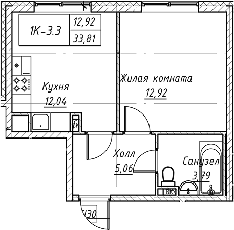 Планировка однокомнатная 33.81 м² в ЖК «Зум на Неве», корпус 1