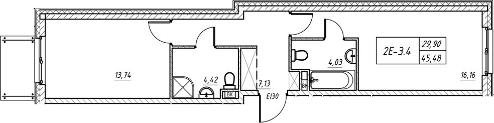 Планировка евродвушка (2Е) 45.48 м² в ЖК «Зум на Неве», корпус 1