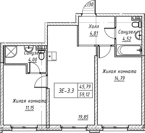 Планировка евротрёшка (3Е) 59.12 м² в ЖК «Зум на Неве», корпус 1