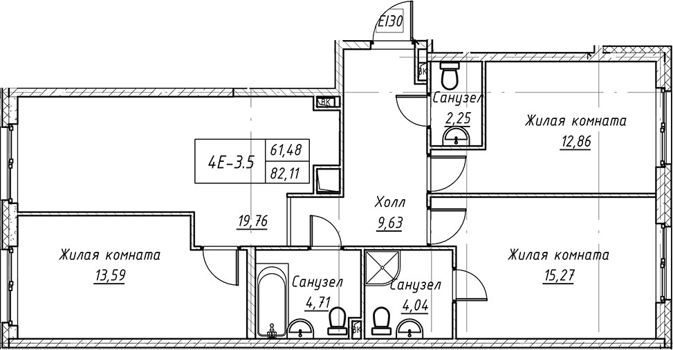 Планировка евро-4 (4Е) 80.8 м² в ЖК «Зум на Неве», корпус 1