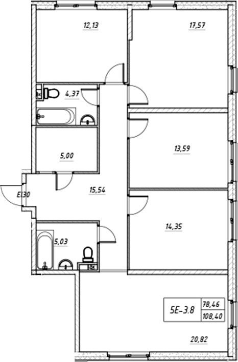 Планировка 5Е-к.кв 108.4 м² в ЖК «Зум на Неве», корпус 1