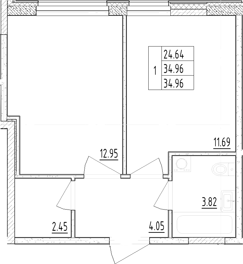 Планировка однокомнатная 34.96 м² в ЖК «Зум Черная Речка», корпус 1
