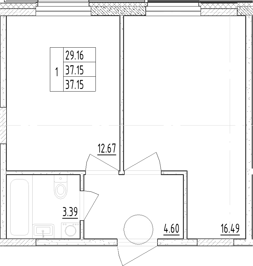 Планировка однокомнатная 38.3 м² в ЖК «Зум Черная Речка», корпус 1