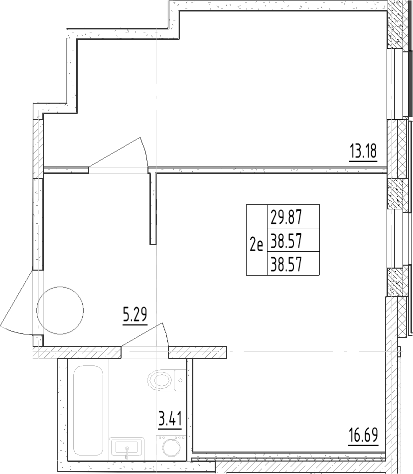 Планировка евродвушка (2Е) 39.8 м² в ЖК «Зум Черная Речка», корпус 1